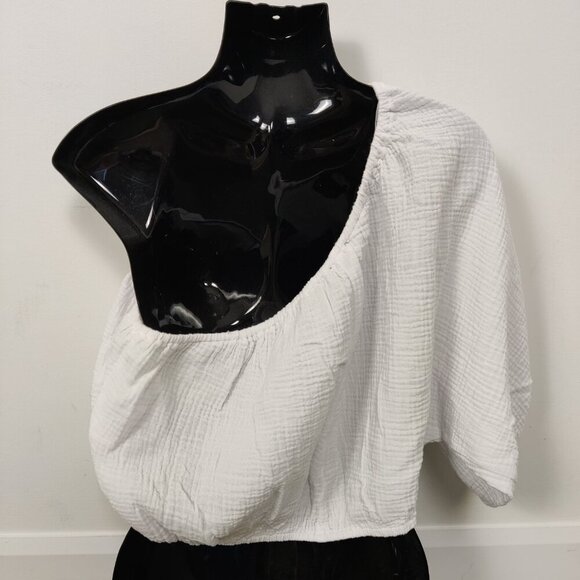 NEW Dkny Women's Crop Top Size XL White Cotton Seersucker One Shoulder Boho Chic - Picture 2 of 6